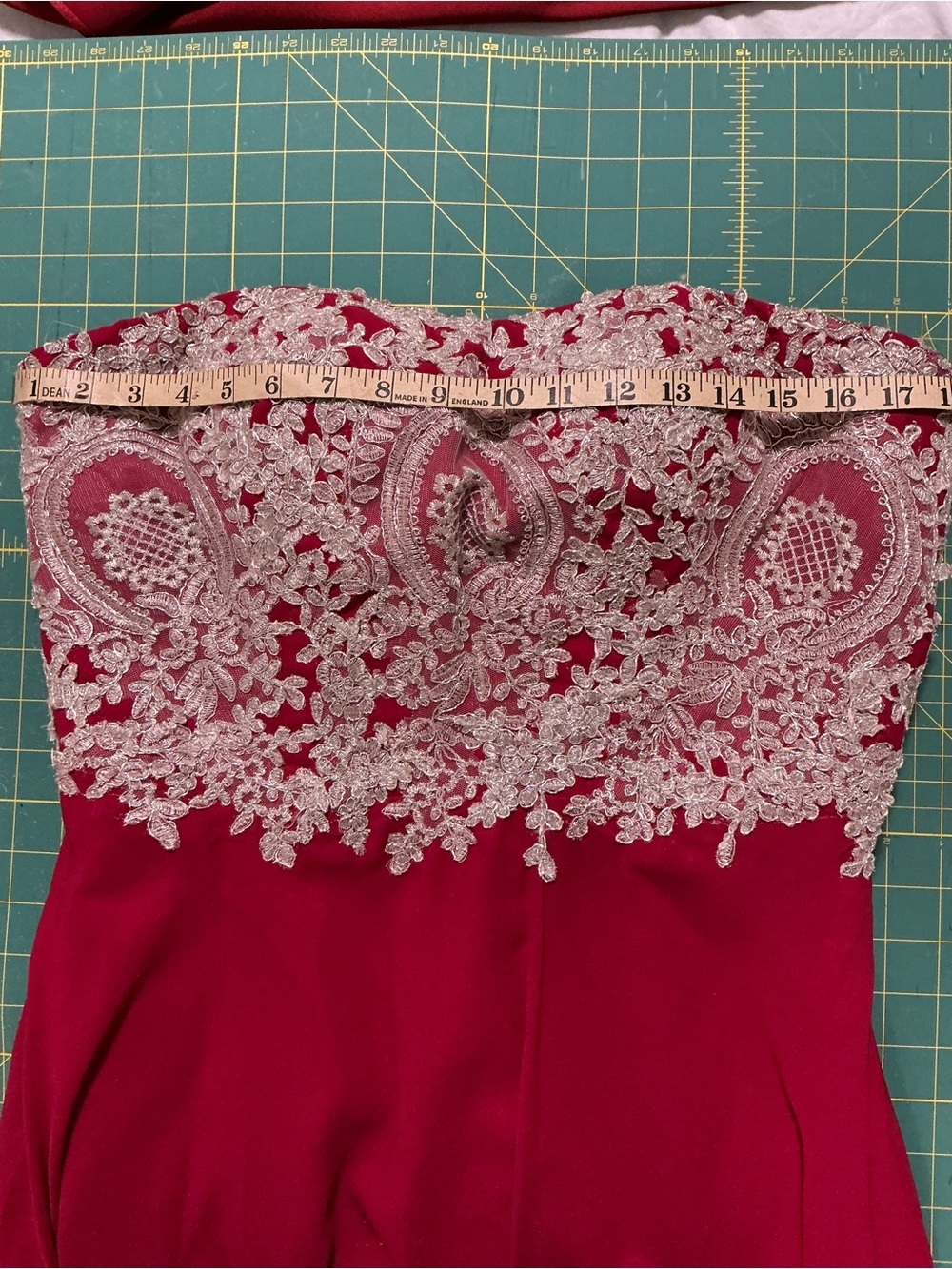 2159 - Elegant Red Evening Gown with Silver Lace Bodice - Picture 11 of 13